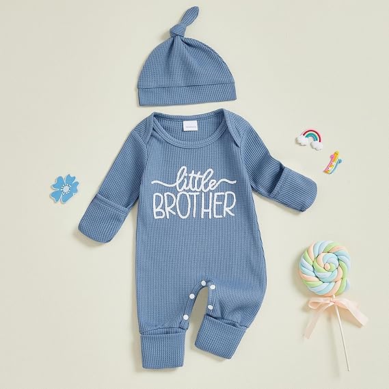 Newborn Little Brother Baby Boy Outfits Long Sleeve Letter Embroidery Crew Neck Romper Jumpsuit Hat Set One Piece Infant Toddler Boy Fall Outfits - Image 4