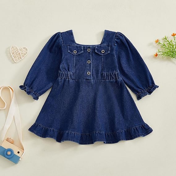 Geagodelia Toddler Baby Girl Denim Dress Little Girls Button Down A-Line Skirt Long Puff Sleeve Ruffle Puffy Hem Pageant Baptism Wedding Evening Birthday Party Princess Dress - Image 6
