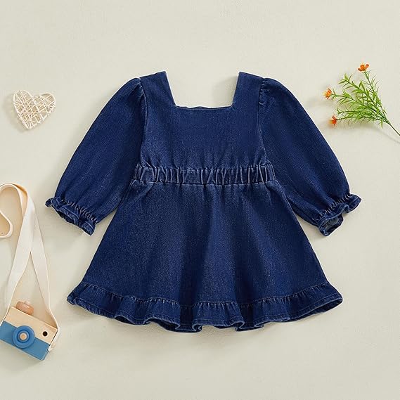 Geagodelia Toddler Baby Girl Denim Dress Little Girls Button Down A-Line Skirt Long Puff Sleeve Ruffle Puffy Hem Pageant Baptism Wedding Evening Birthday Party Princess Dress - Image 5