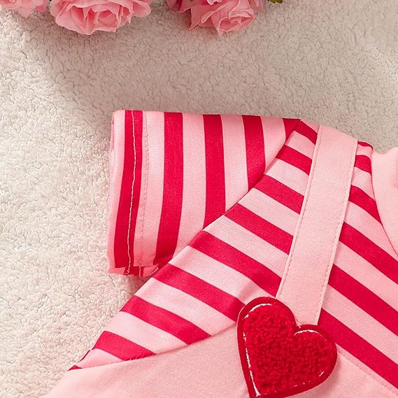 2026 Valentines Day Infant Boys Girls Short Sleeve Romper Striped Heart Print Jumpsuit Hat Set - Image 4