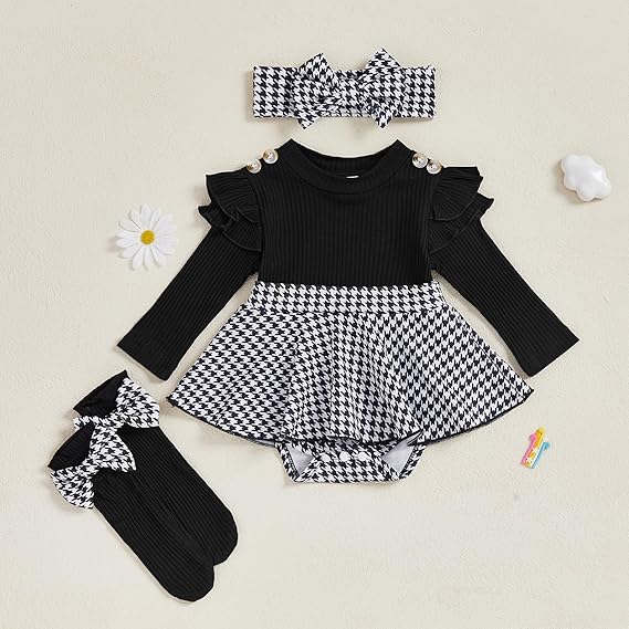 Baby Girl Spring Fall Outfits Long Sleeve Houndstooth Print Romper Dress with Headband and Long Socks Set 3Pcs Newborn Girls Romper Set - Image 4