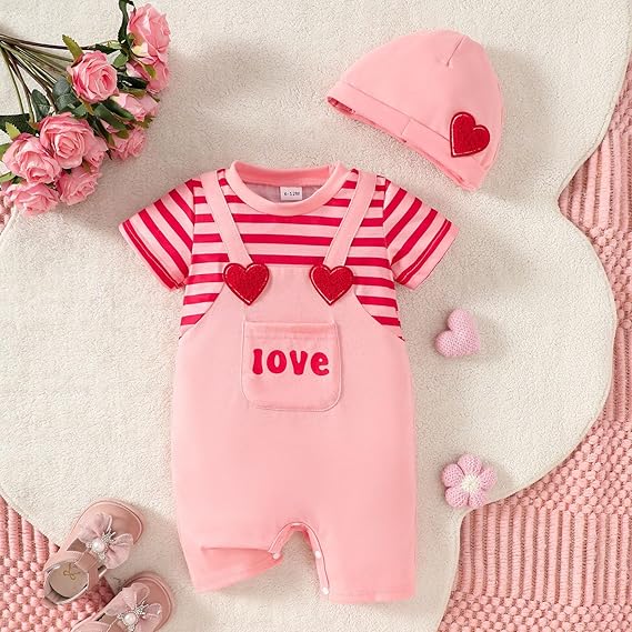 2026 Valentines Day Infant Boys Girls Short Sleeve Romper Striped Heart Print Jumpsuit Hat Set - Image 3