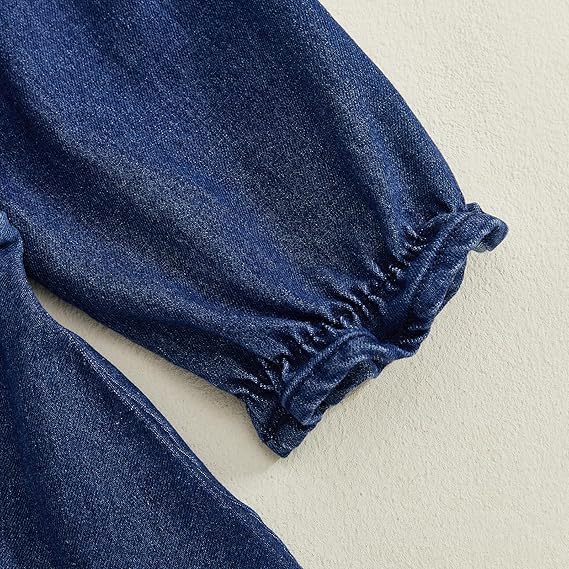 Geagodelia Toddler Baby Girl Denim Dress Little Girls Button Down A-Line Skirt Long Puff Sleeve Ruffle Puffy Hem Pageant Baptism Wedding Evening Birthday Party Princess Dress - Image 3
